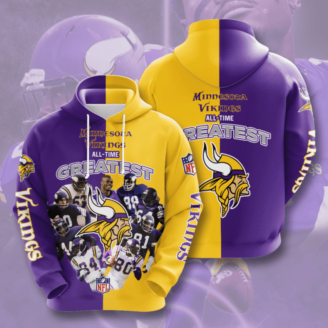 Nfl Minnesota Vikings All Time Greatest 3d All Over Print Hoodie