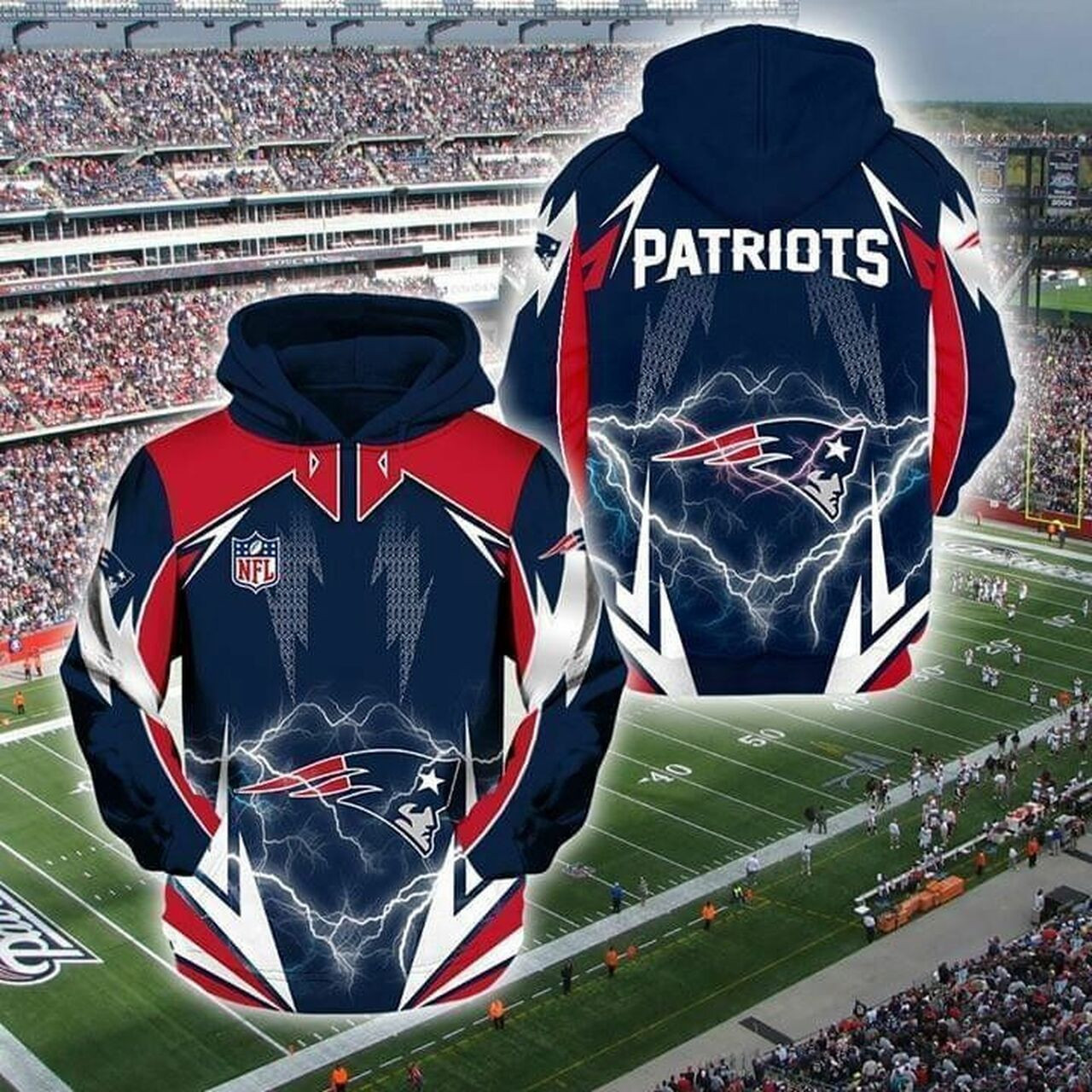 Nfl New England Patriots Lightning Pullover And Zippered Hoodies Custom 3d Graphic Printed 3d