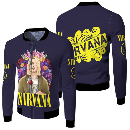 Nirvana Kurt Cobain Floral Colorful Rock Band Black Fleece Bomber Jacket