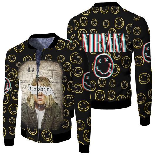 Nirvana Kurt Cobain Smiling Icon Pattern Rock Band Black Fleece Bomber Jacket