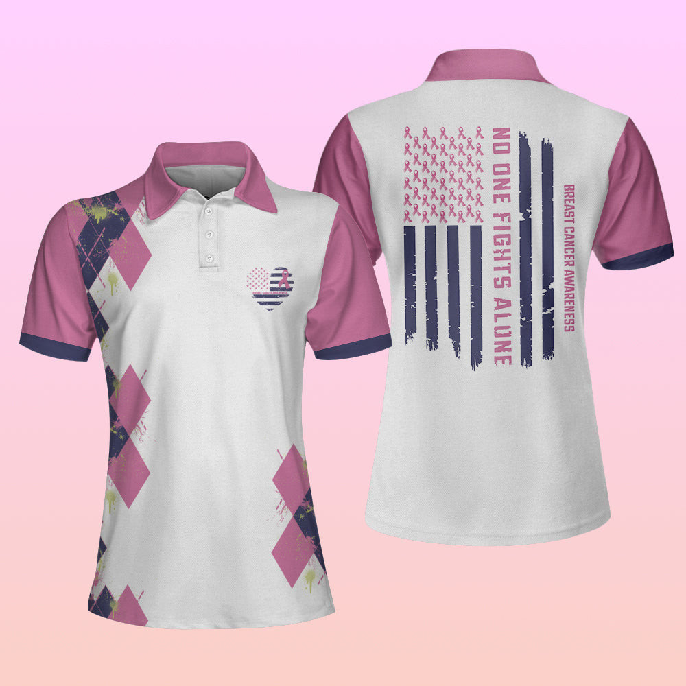 No One Fights Alone Breast Cancer Awareness Short Sleeve Women Polo Shirt Breast Cancer Polo Shirt For Women