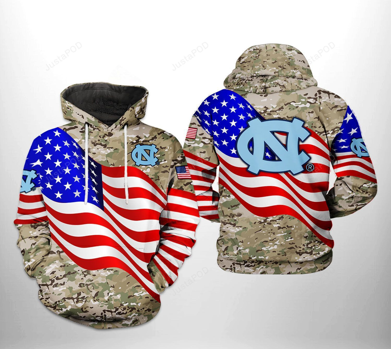North Carolina Tar Heels NCAA US Flag Camo Veteran 3D All Over Print Hoodie