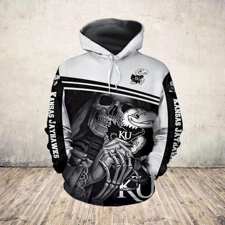 Nun Skeleton Holds Kansas Jayhawks Logo Pullover And Zippered Hoodies Custom 3D Graphic Printed 3D Hoodie All Over Print Hoodie For Men For Women