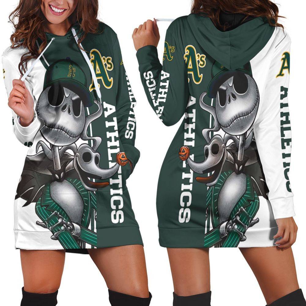 Oakland Athletics Jack Skellington And Zero Hoodie Dress Sweater Dress Sweatshirt Dress