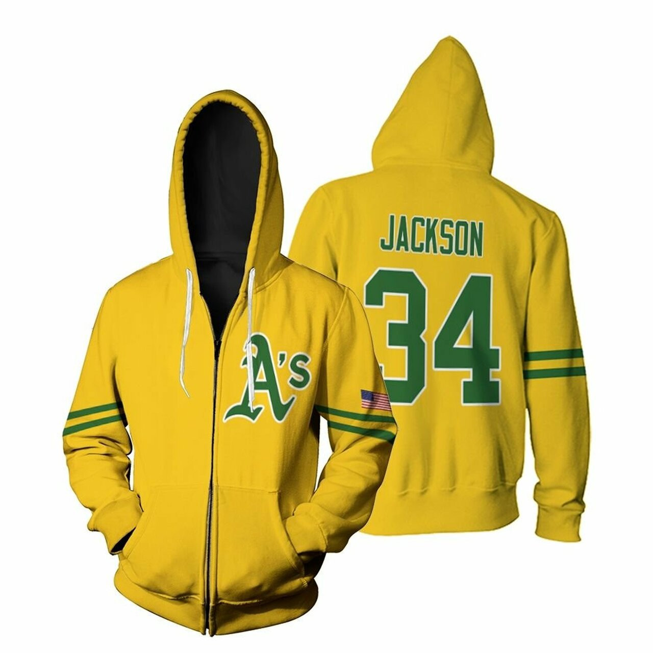 Oakland Athletics Reggie Jackson 34 Mlb Baseball Team 2019 Gold Jersey Style Gift For Athletics Fans Zip Hoodie