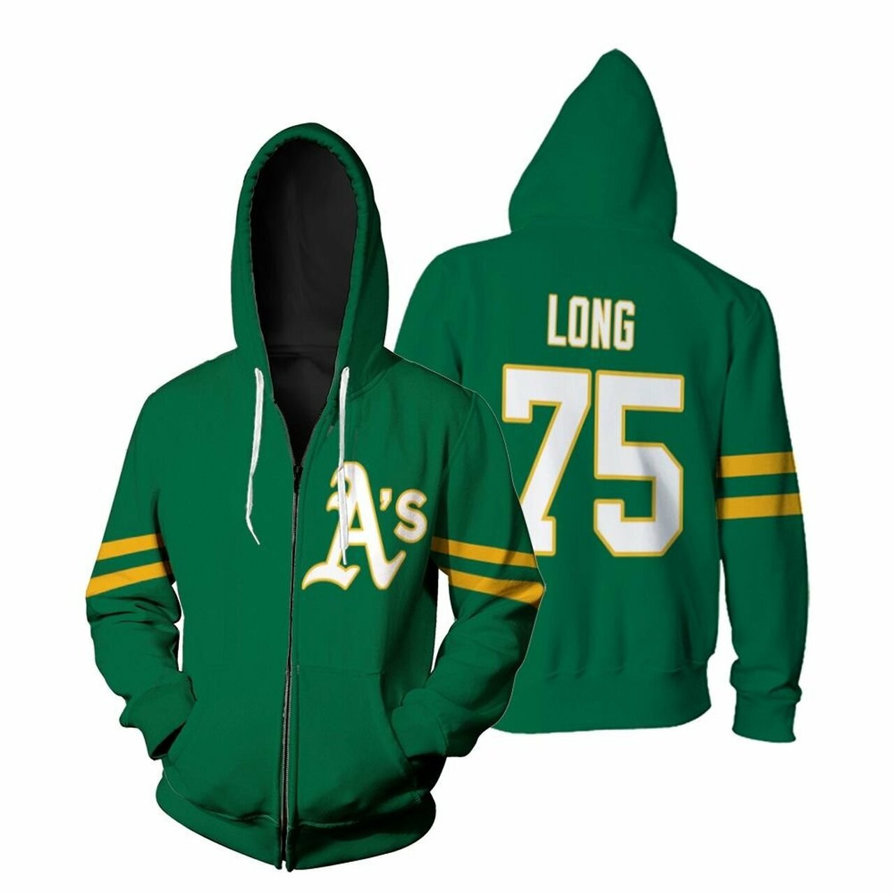 Oakland Athletics Terrence Long 75 Mlb Baseball Team 2019 Green Jersey Style Gift For Athletics Fans Zip Hoodie