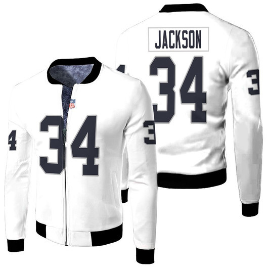 Oakland Raiders Bo Jackson 34 Nfl Retired Player Game White 2019 Jersey Style Gift For Raiders Fans Fleece Bomber Jacket