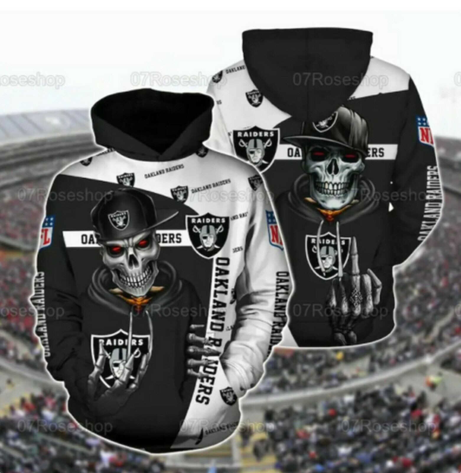 Oakland Raiders NFL Skull All Over Printed Hoodie For Women and Men S