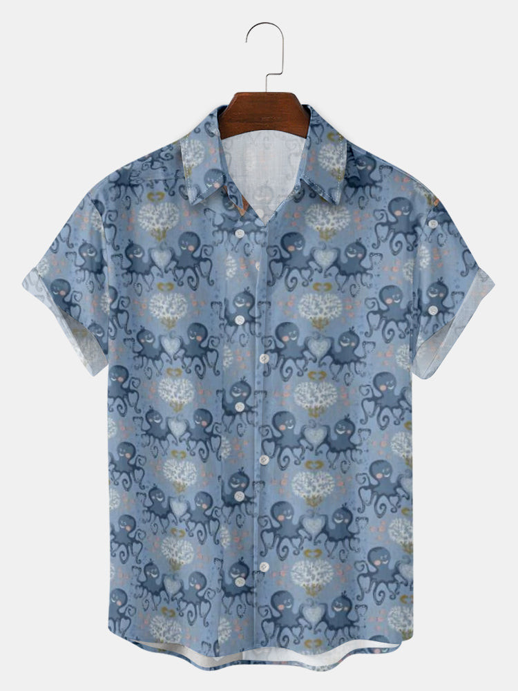 Octopus Heart Print Short Sleeve Hawaiian Shirt Summer Hawaiian