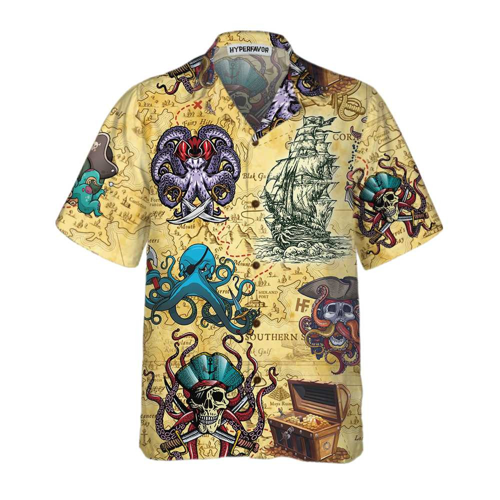 Octopus Pirate Hawaiian Shirt Cool Pirate Shirt For Adults Pirate Pattern Shirt For Men