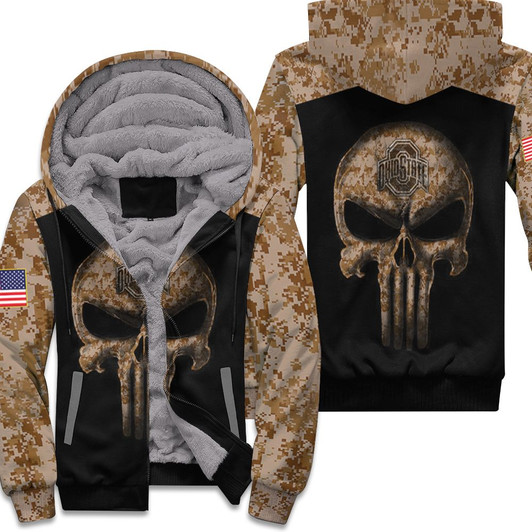 Ohio State Buckeyes Skull 3D With Camourflage Sleeves Fleece Hoodie