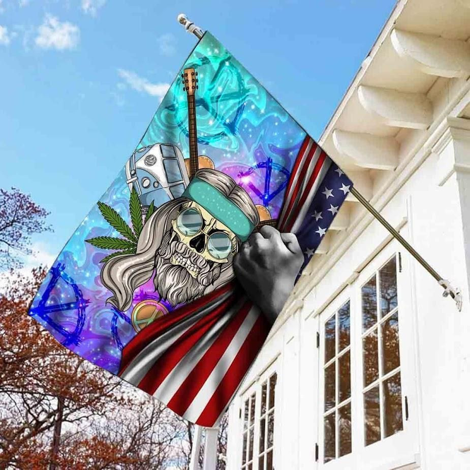 Old Man Hippie Skull Tattoo USA Flag American Independence Day Us Garden Flag House Flag