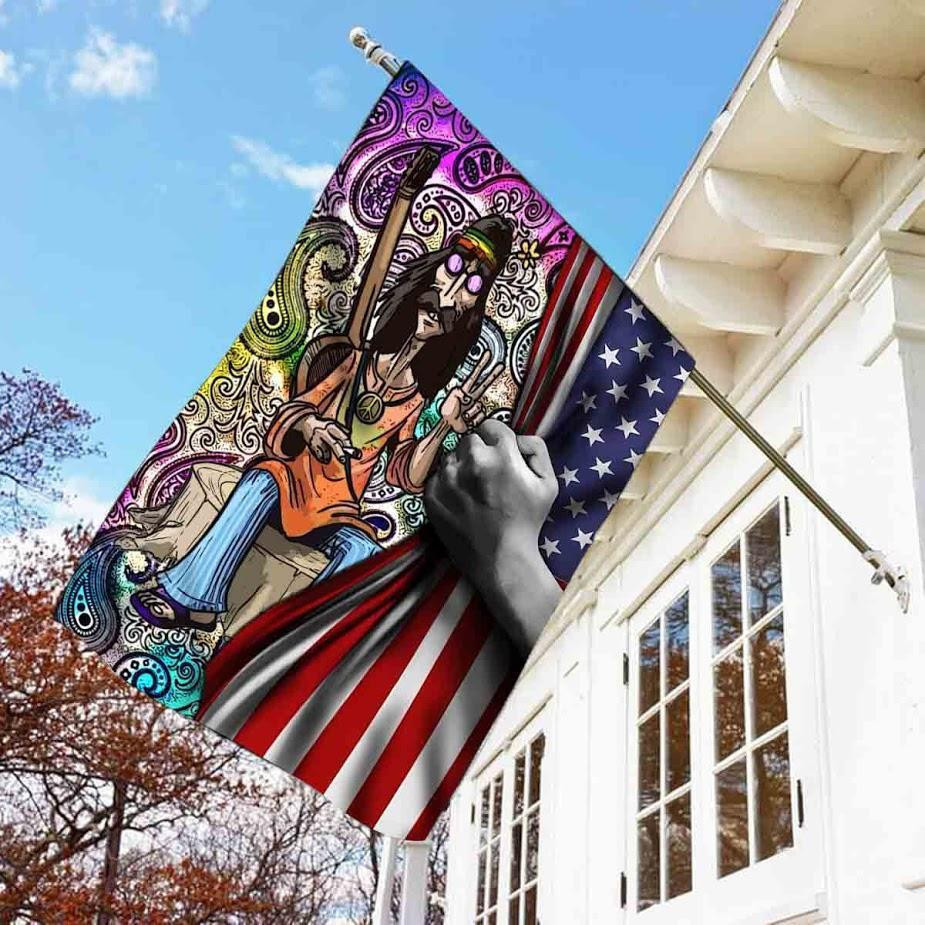 Old Man Hippie With Guitar Flag USA Gifts For Grandpa American Independence Day Us Garden Flag House Flag