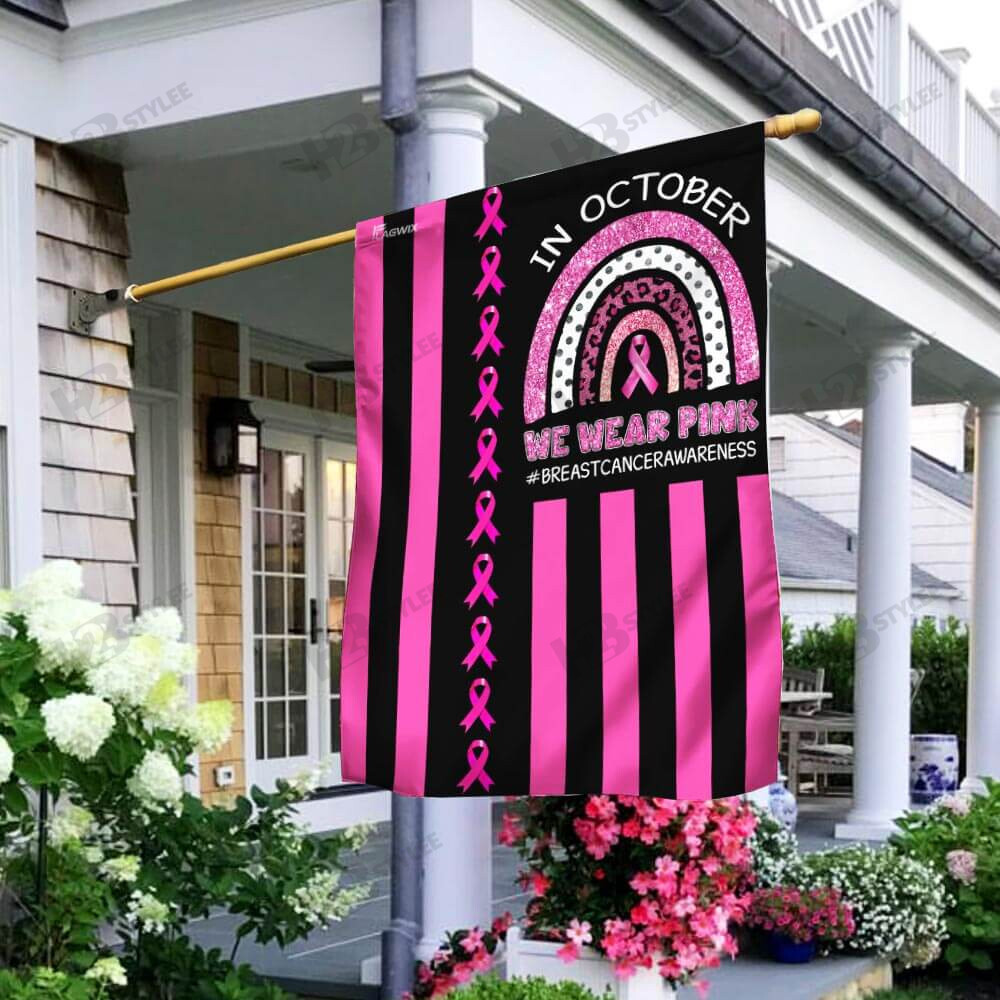 On Wednesdays We Wear Pink Breast Cancer  October Month Flag Garden Flag House Flag