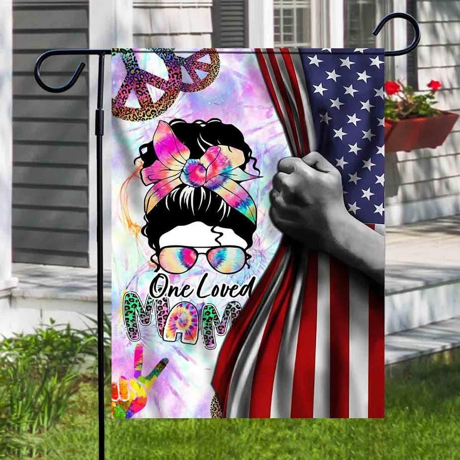 One Loved Mom Hippie Flag Messy Hair Mama America Flag 4th Of July Us Garden Flag House Flag