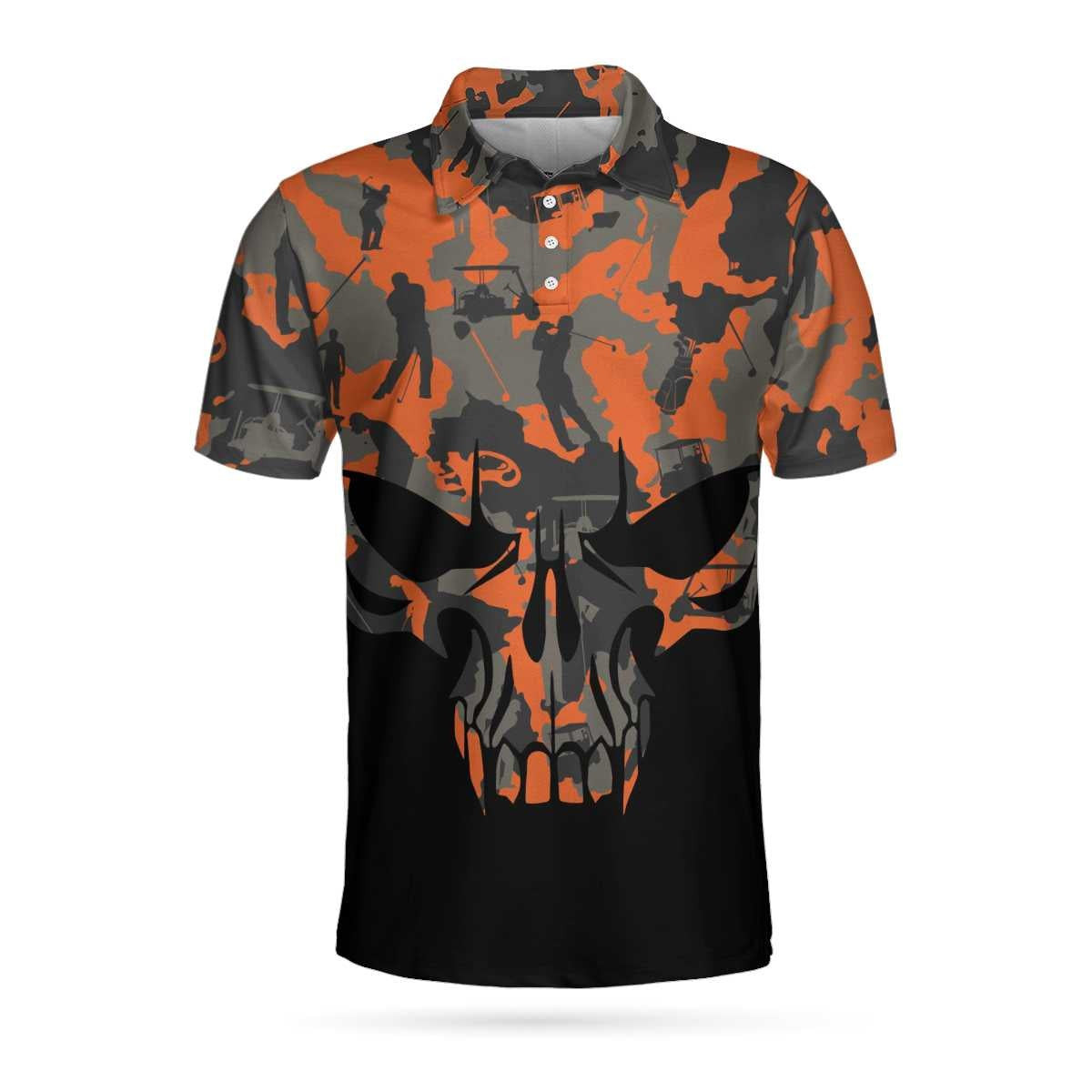 Orange Camouflage Golf Set Skull Golf Polo Shirt Golfer Silhouette Pattern Polo Shirt Camo Golf Shirt For Men