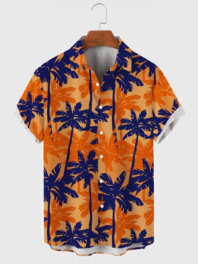 Orange Contrast Coconut Tree Printed Mens Short Sleeve Hawaiian Shirt