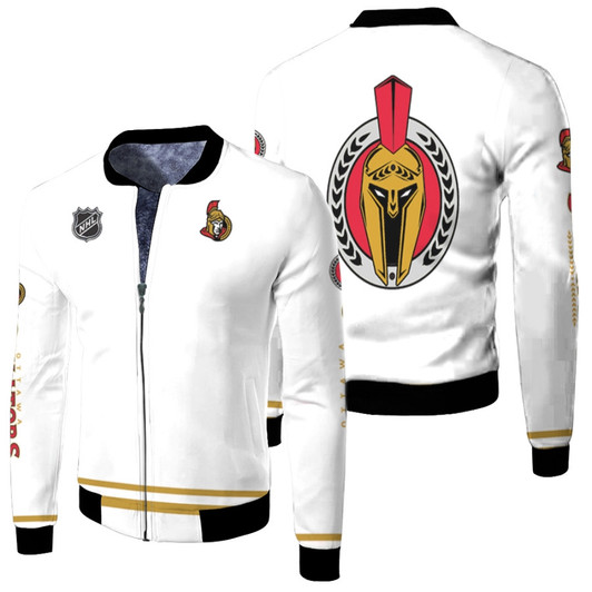 Ottawa Senators Nhl Ice Hockey Team Spartacat Logo Mascot White Fleece Bomber Jacket