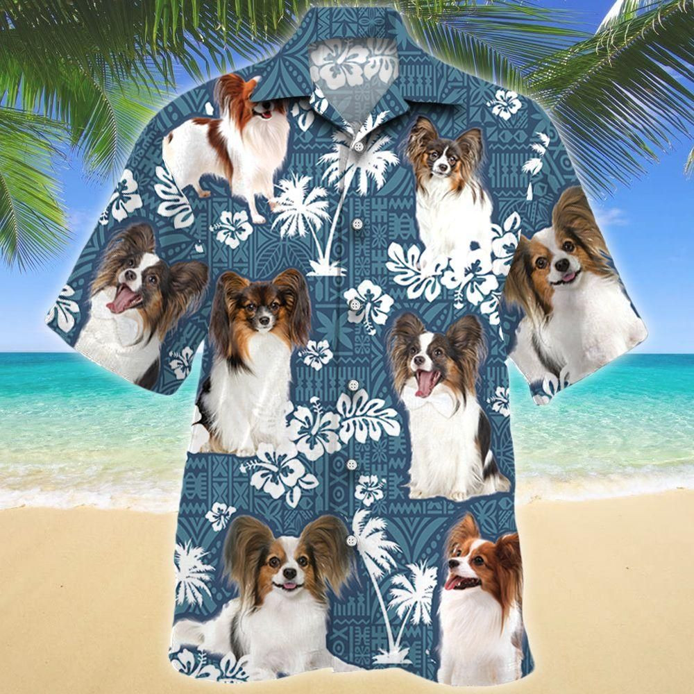 Papillon Dog Blue Tribal Aloha Hawaiian Shirt Colorful Short Sleeve Summer Beach Casual Shirt For Men And Women