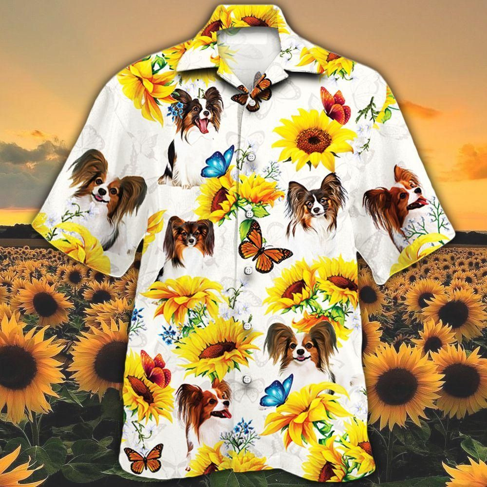 Papillon Dog Lovers Sun Flower Aloha Hawaiian Shirt Colorful Short Sleeve Summer Beach Casual Shirt For Men And Women