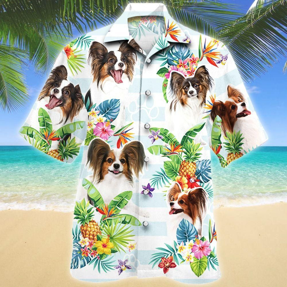 Papillon Dog Tropical Flower Aloha Hawaiian Shirt Colorful Short Sleeve Summer Beach Casual Shirt For Men And Women