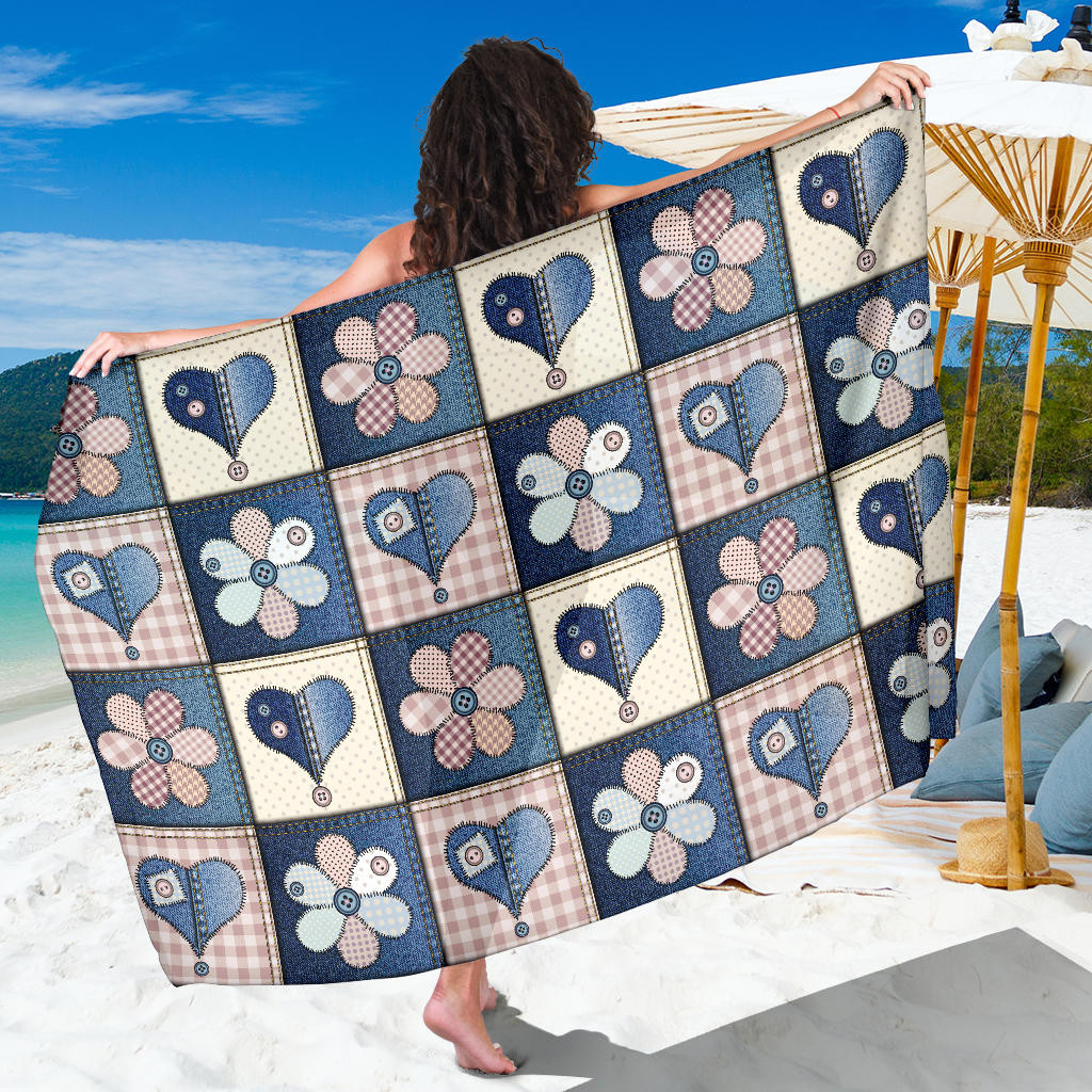 Patchwork Heart Flower Pattern Print Sarong Cover Up Patchwork Heart Flower Pareo Wrap Skirt Dress