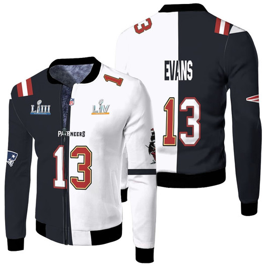 Patriots Buccaneers Mike Evans 13 Super Bowl Liii Mashup Black And White Jersey Style Gift For Patriots Fans Buccaneers Fans Fleece Bomber Jacket