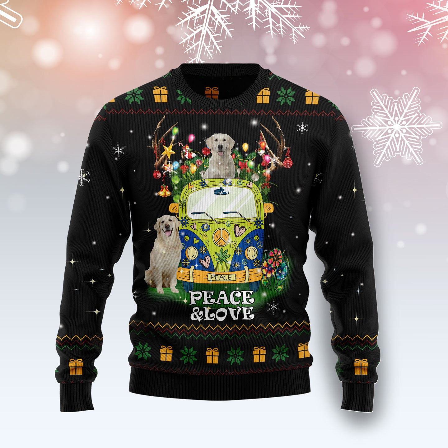 Peace Love Golden Retriever Ugly Christmas Sweater