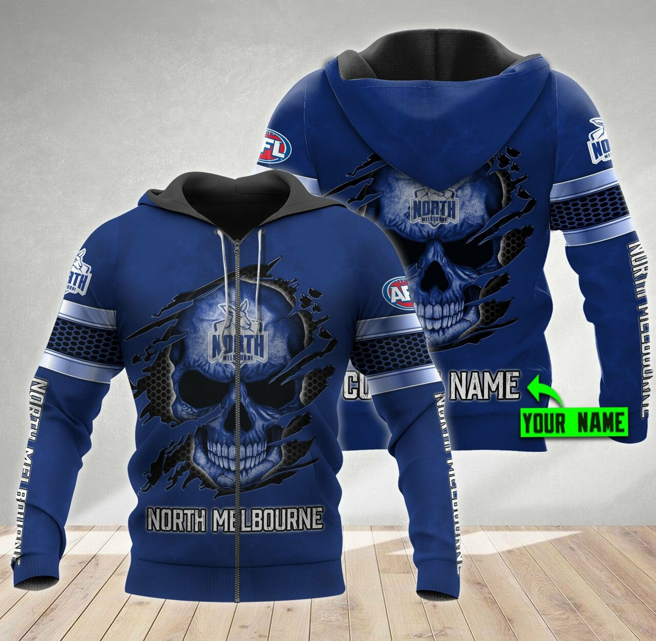 Personalized 3d Hoodie North Melbourne Football Club Afl Skull Custom Name 3d All Over Print Hoodie