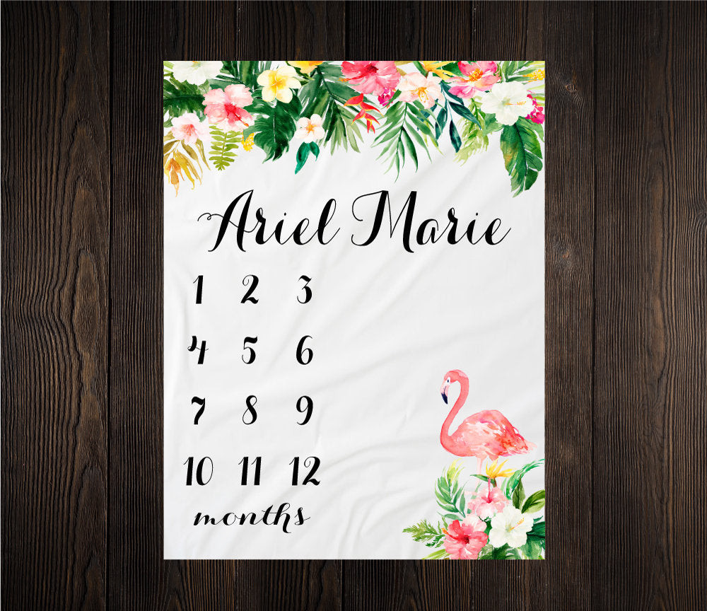 Personalized Baby Flamingo Floral Milestone Blanket