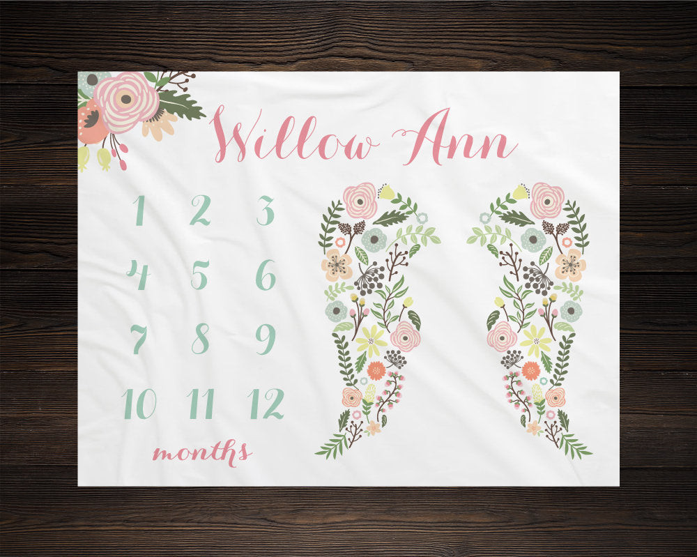 Personalized Baby Floral Angel Wing Milestone Blanket