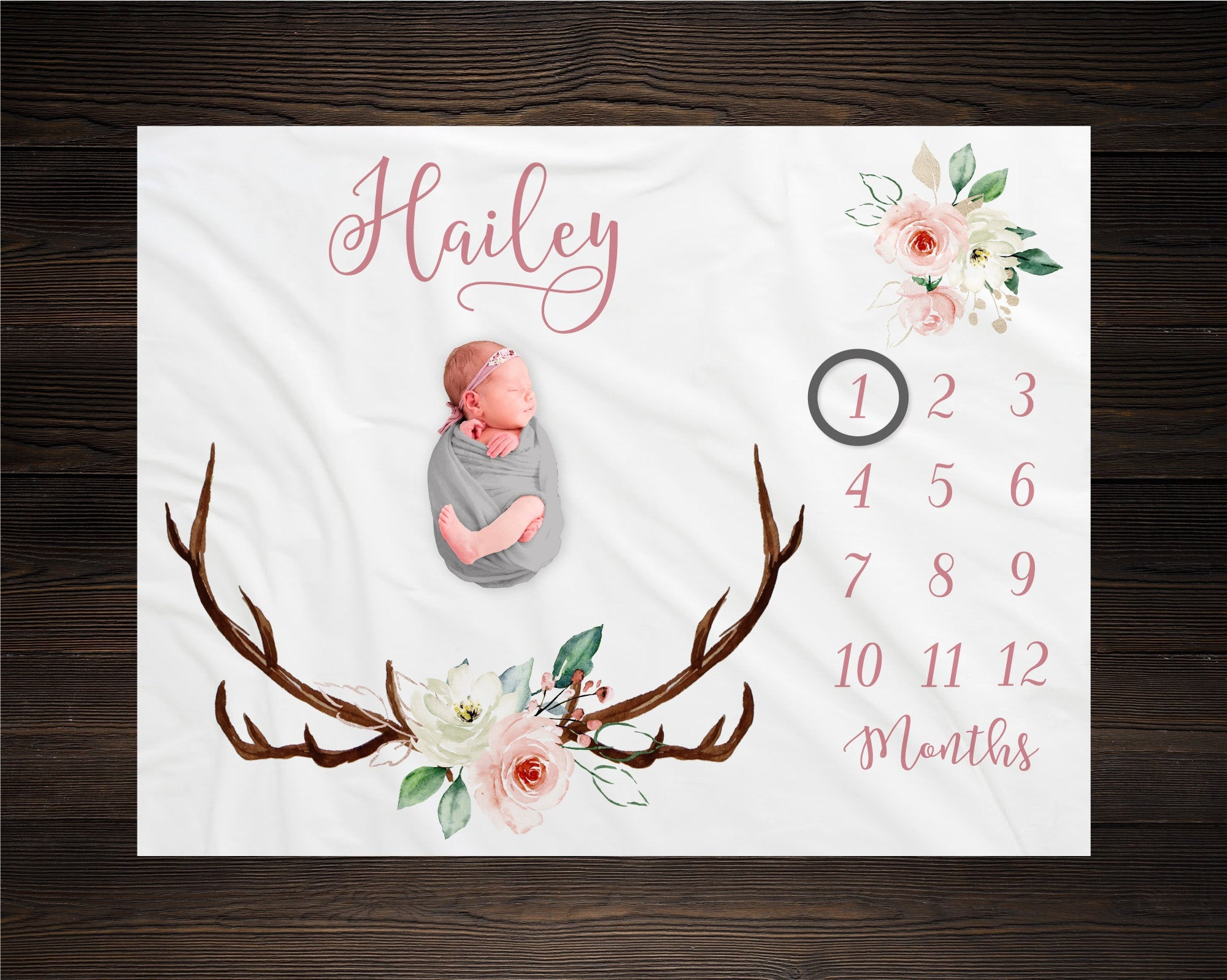 Personalized Baby Floral Antler Milestone Blanket