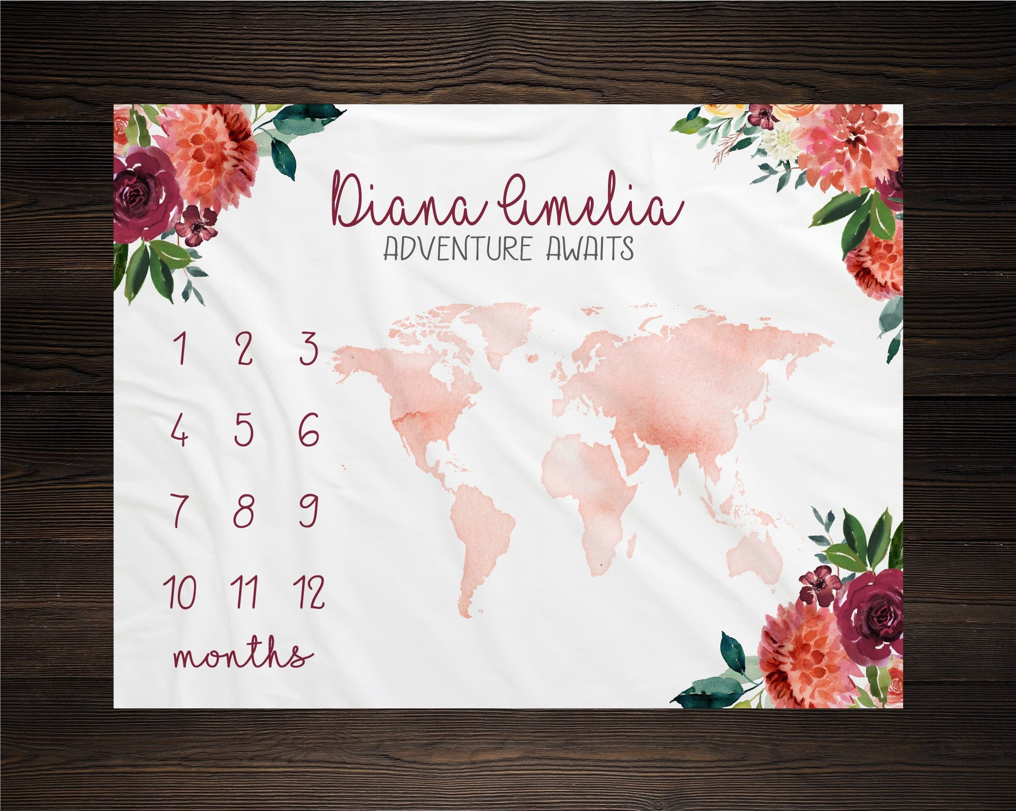 Personalized Baby Floral World Map Milestone Blanket