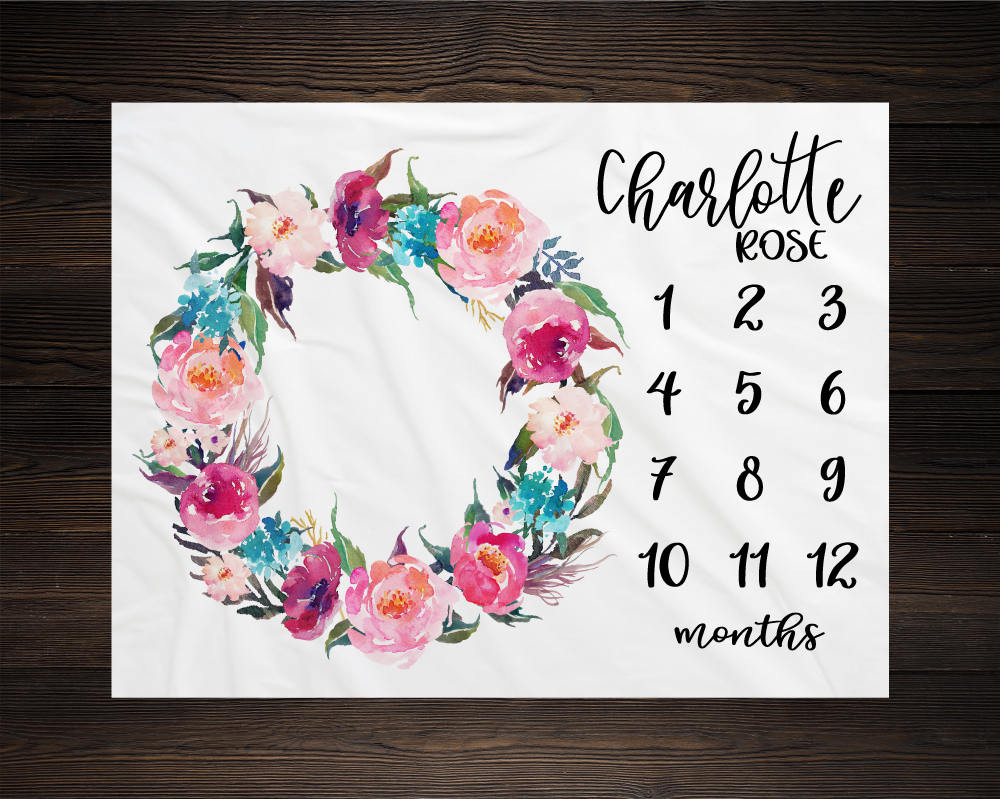 Personalized Baby Floral Wreath Milestone Blanket