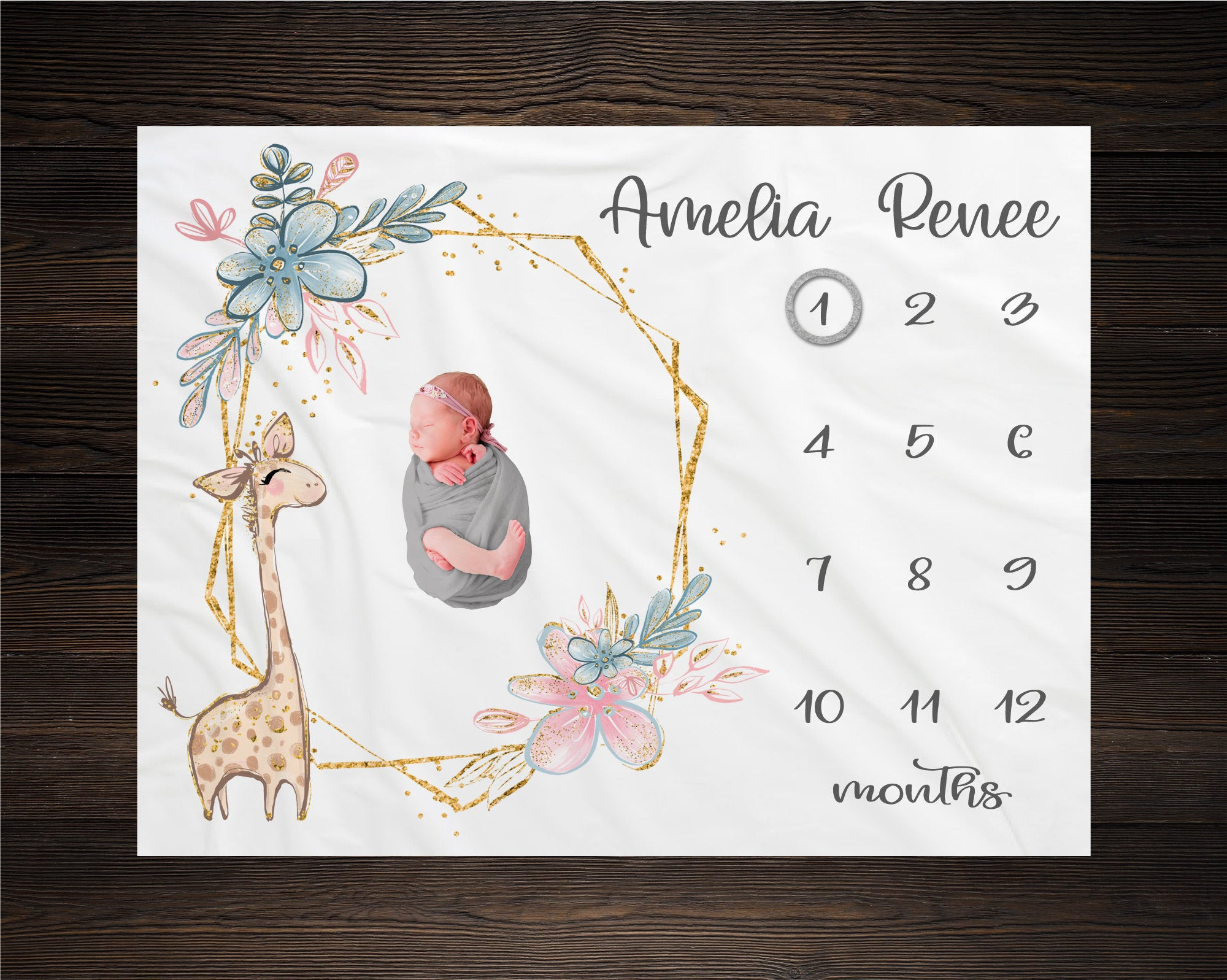 Personalized Baby Giraffe Floral Milestone Blanket