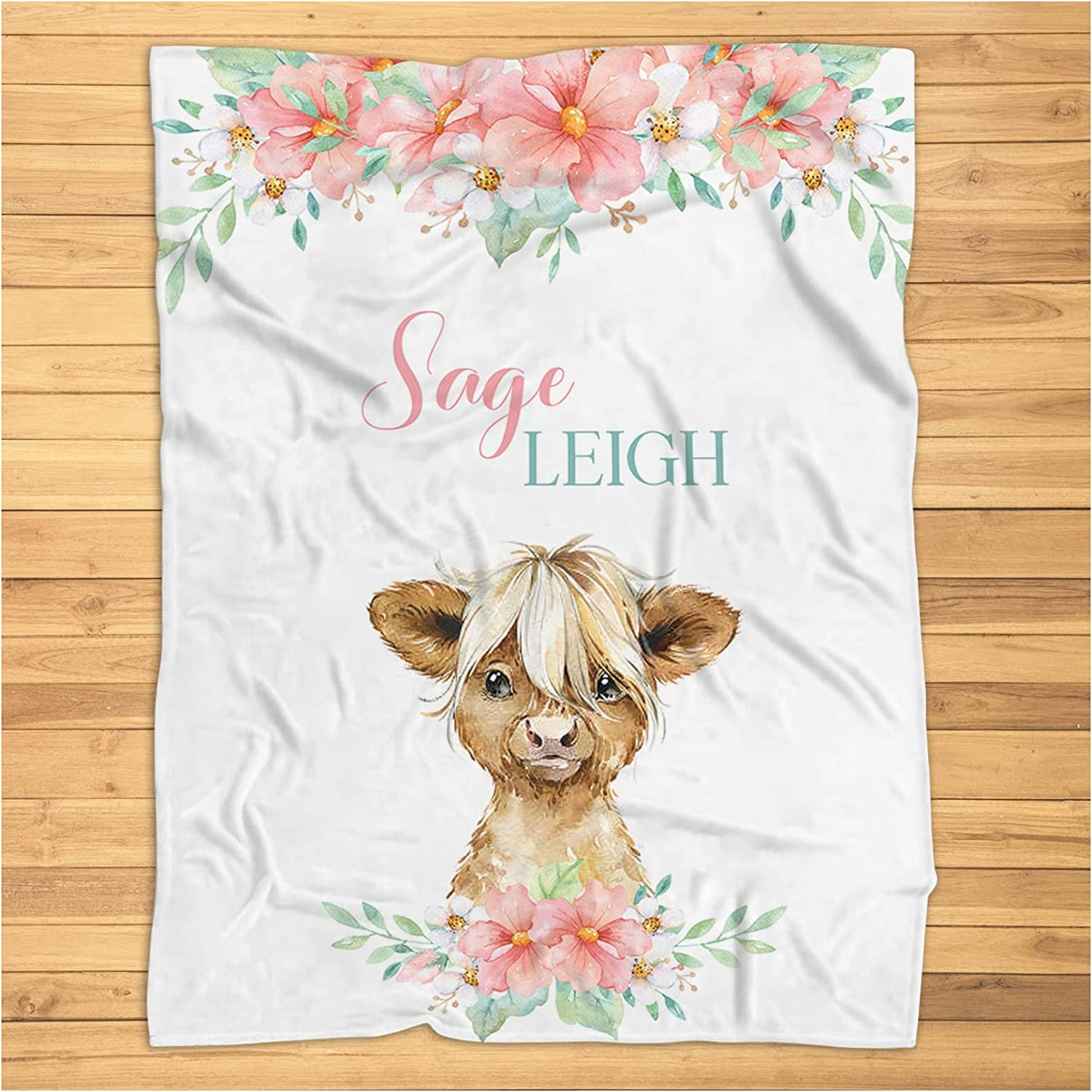 Personalized Baby Girl Blanket with Cow - Custom Farm Blanket Baby Girl - Floral Cow Farm Baby Name Blanket - Super Soft Plush Fleece Blanket for Baby