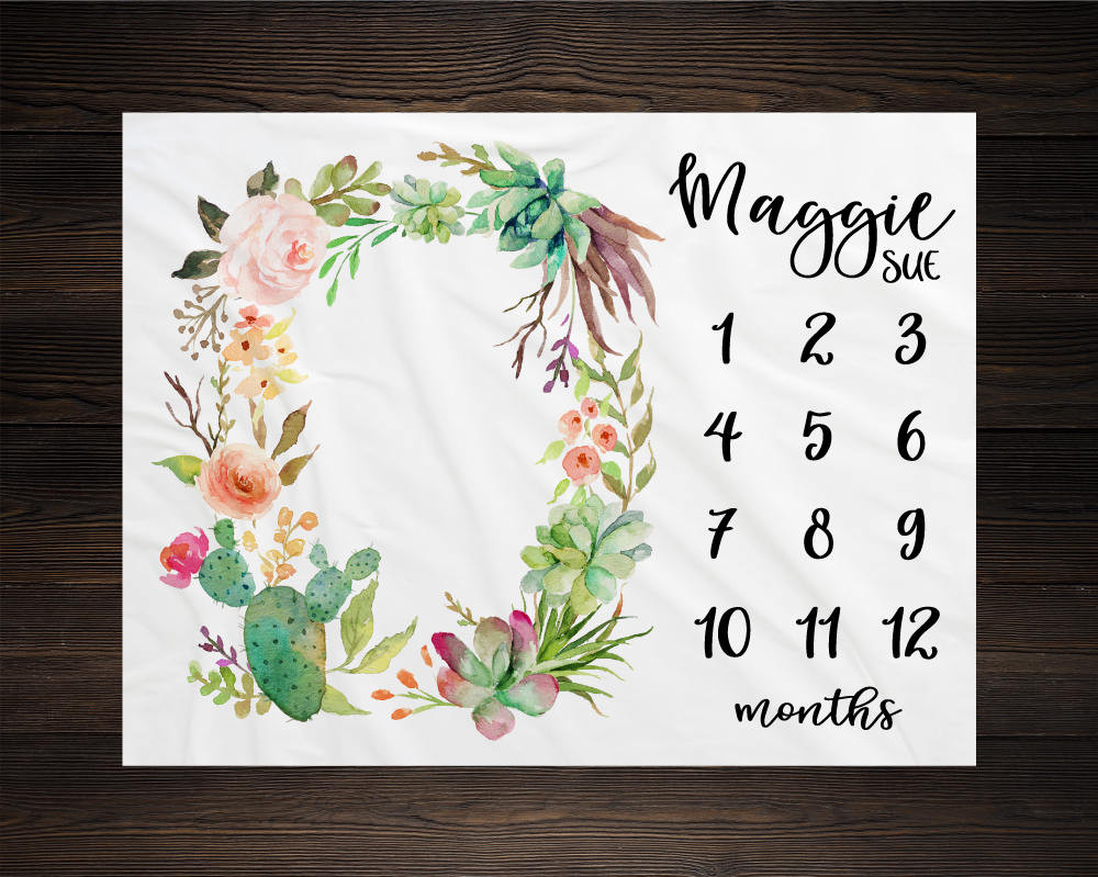 Personalized Baby Girl Cactus Floral Milestone Blanket