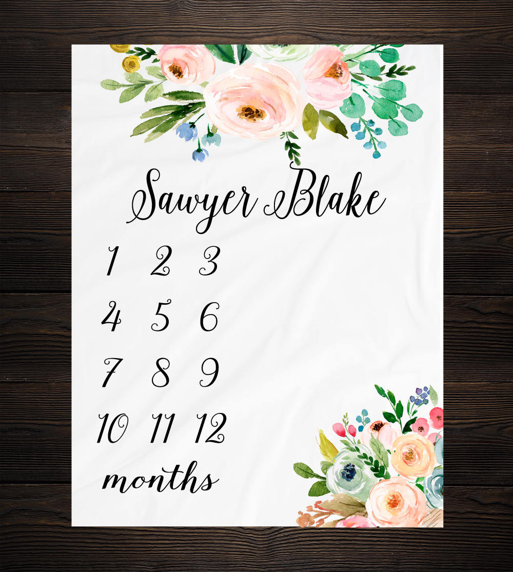 Personalized Baby Girl Floral Milestone Blanket