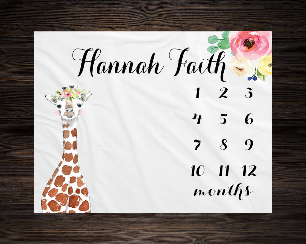 Personalized Baby Girl Giraffe Floral Milestone Blanket