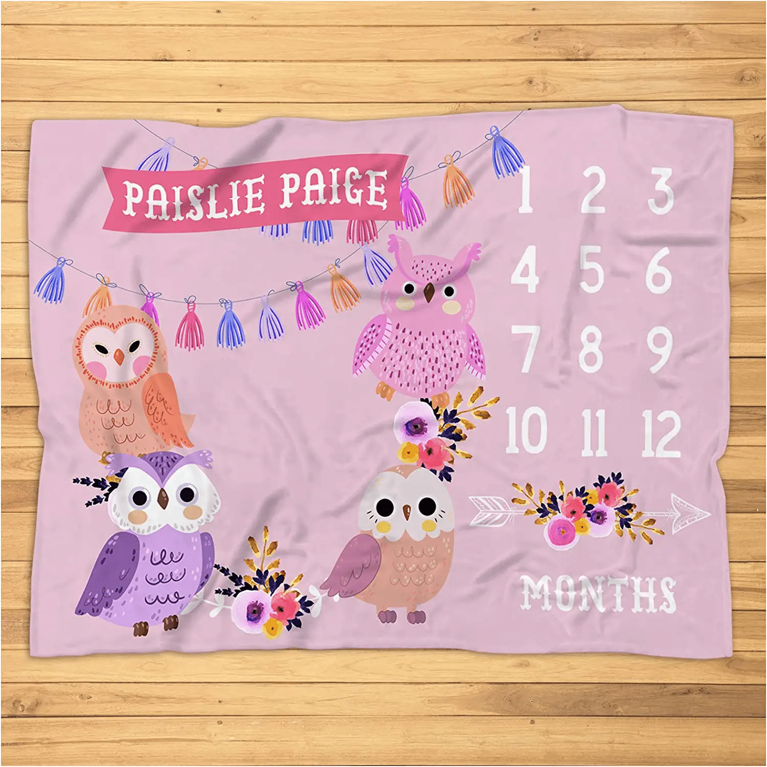 Personalized Baby Girl Pink Owl Milestone Blanket - Newborn Monthly Growth Photography Backdrop - Cute Owls Shower Gift Plush Fleece Blanket