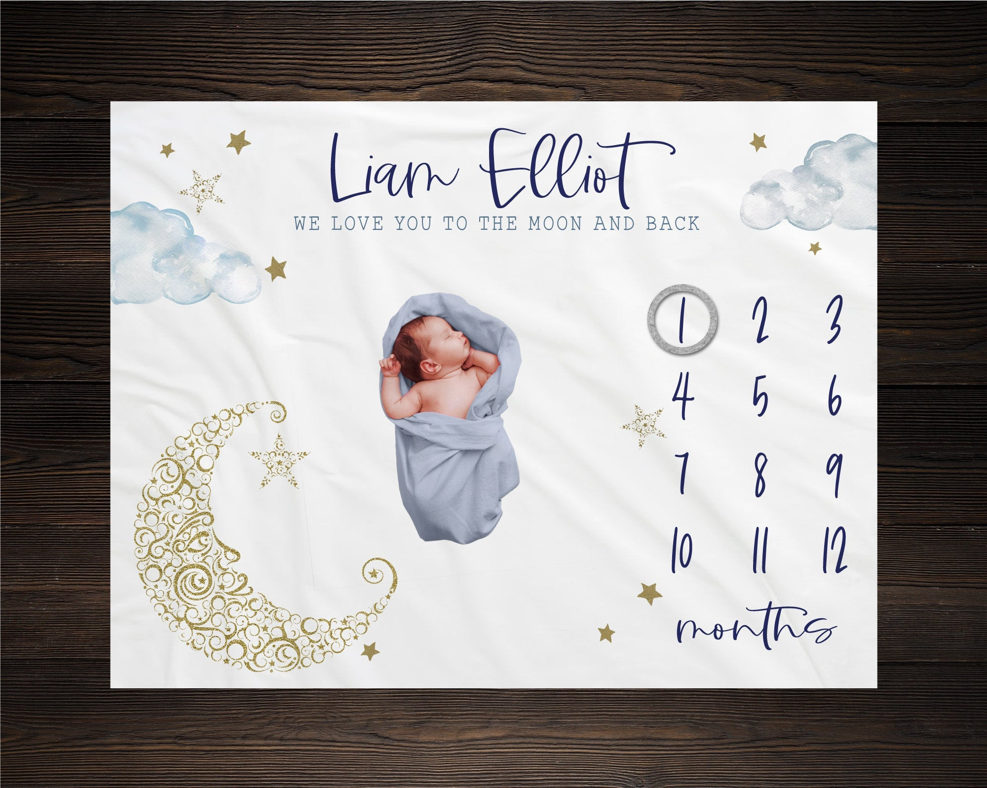 Personalized Baby Moon and Stars Milestone Blanket