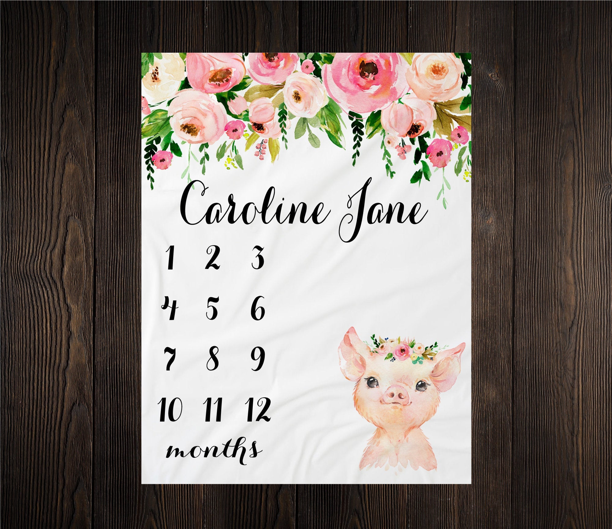 Personalized Baby Pig Floral Milestone Blanket