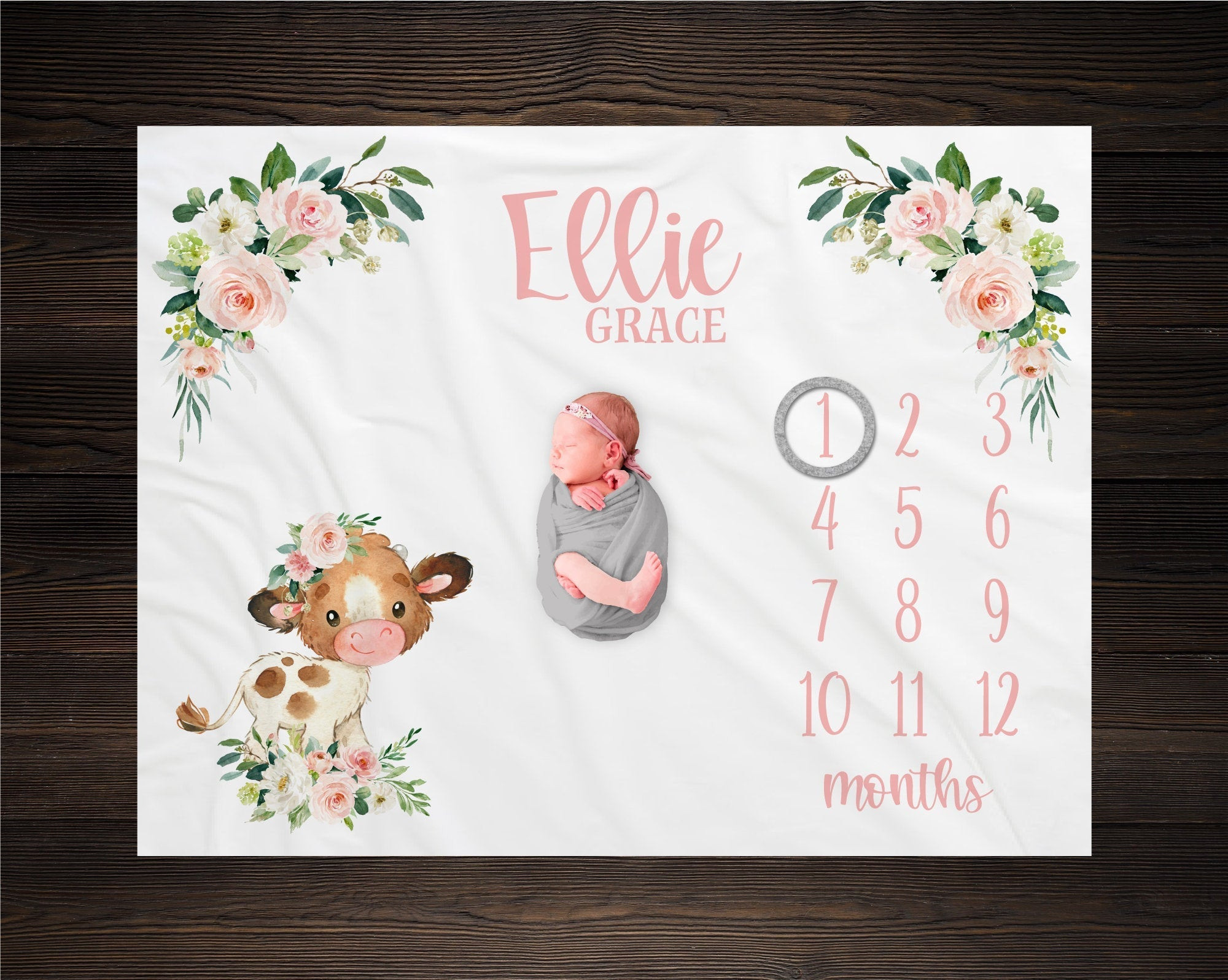 Personalized Baby Pink Floral with Cow Milestone Blanket