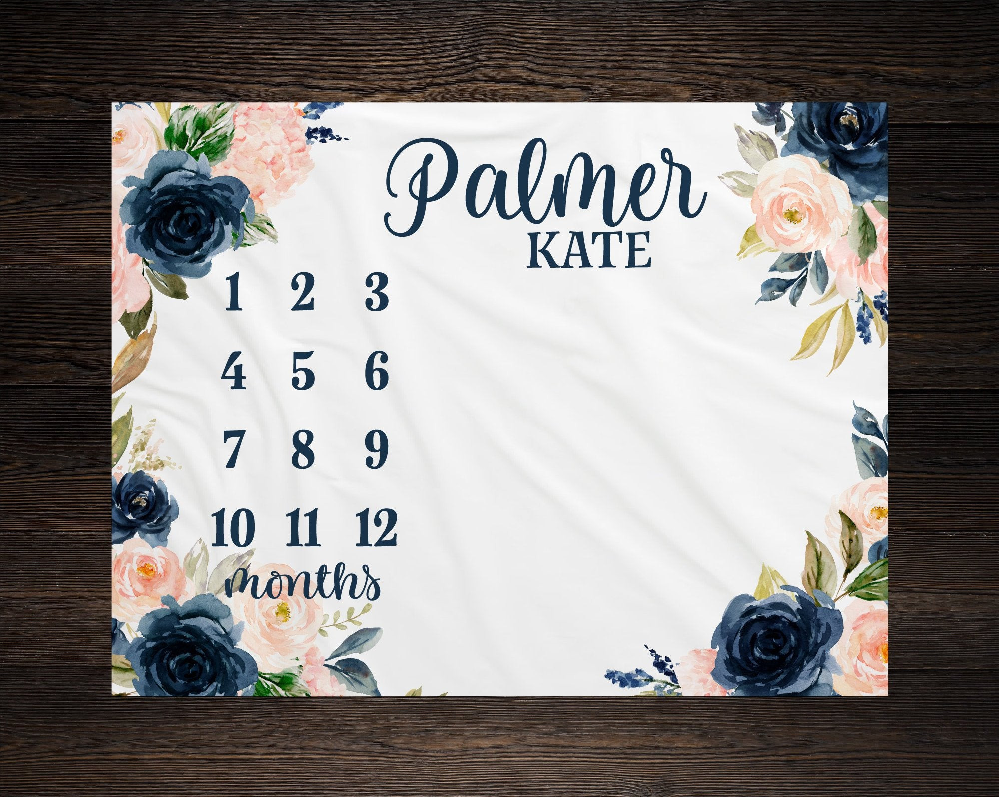 Personalized Baby Pink and Navy Floral Milestone Blanket