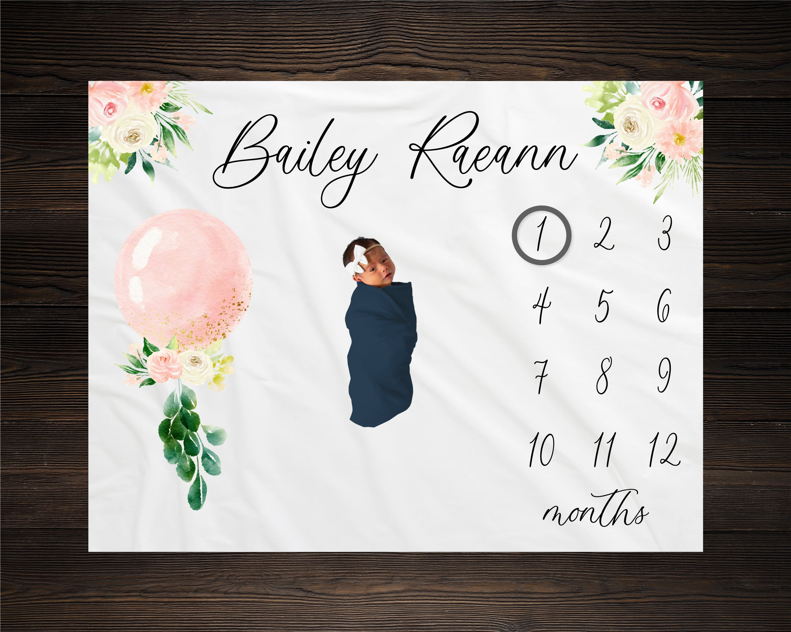 Personalized Balloon Floral Milestone Blanket