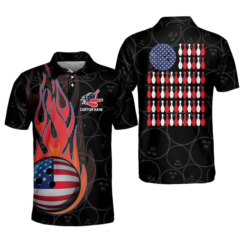 Personalized Bowling American Flag Shirt for Men Bowling Team Polo Shirts Shirts Short Sleeve Bowling Gifts