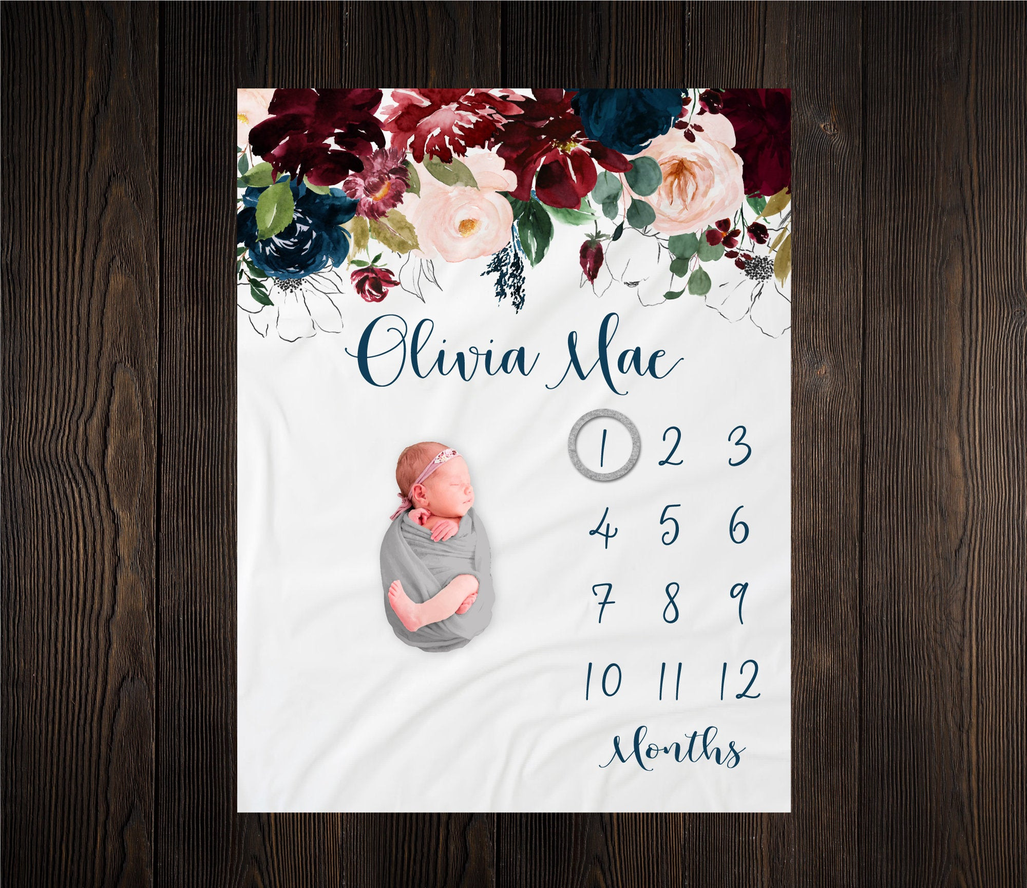 Personalized Burgundy and Navy Floral Girl Milestone Blanket