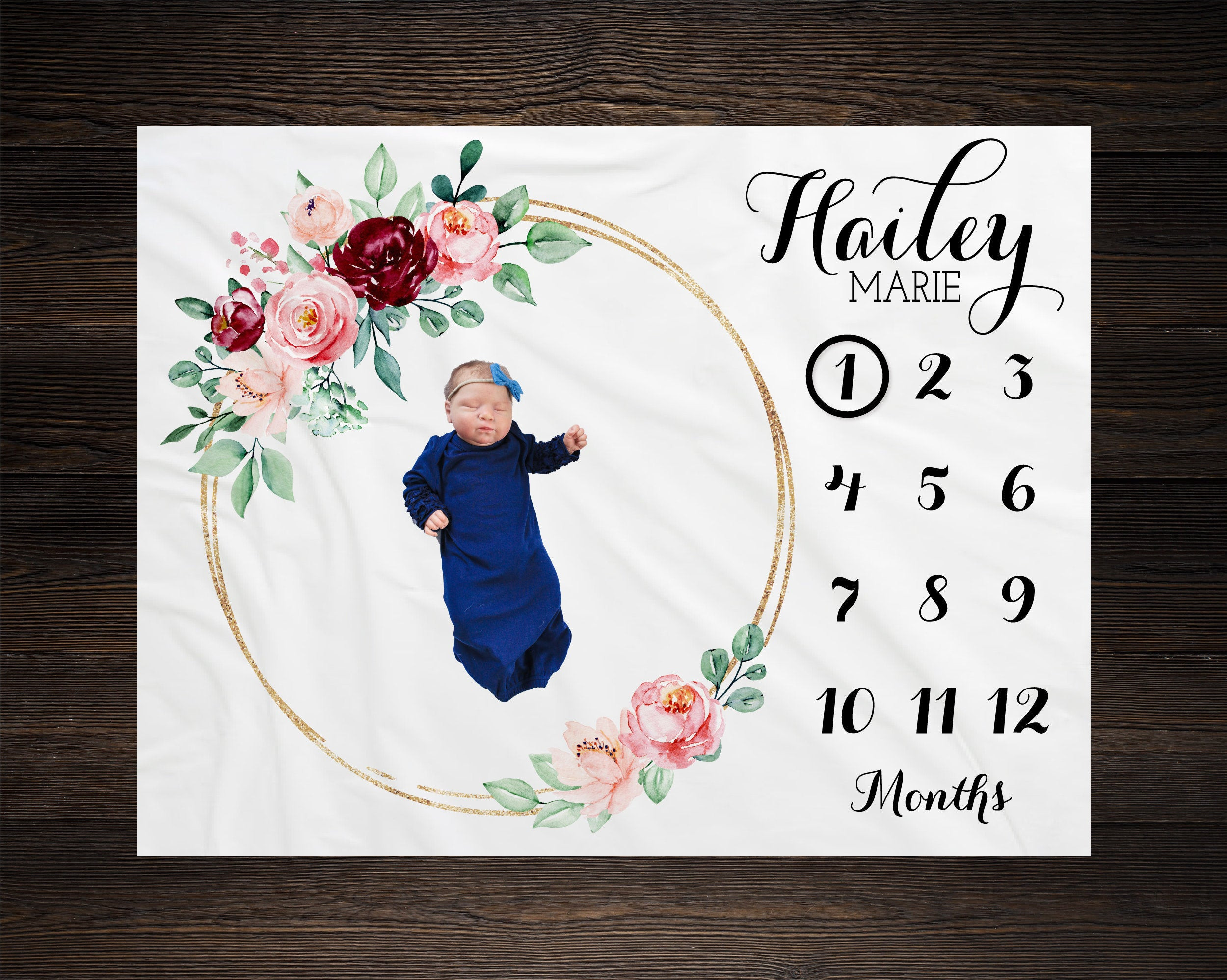 Personalized Burgundy and Pink Floral Baby Milestone Blanket