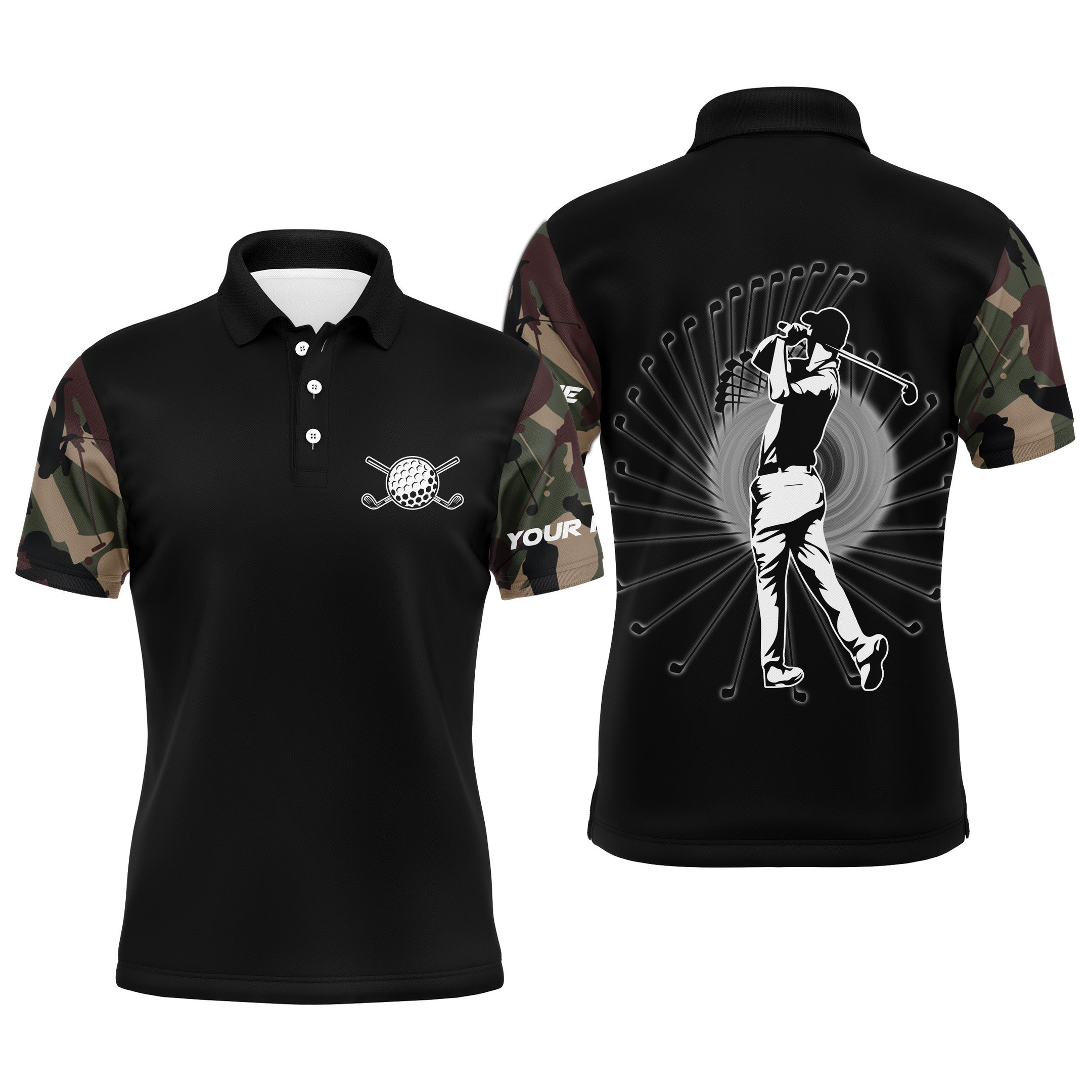 Personalized Camo Black Golf Polo Dry-Fit Shirts For Men Long Sleeve Golf Shirts Cool Golf Gifts