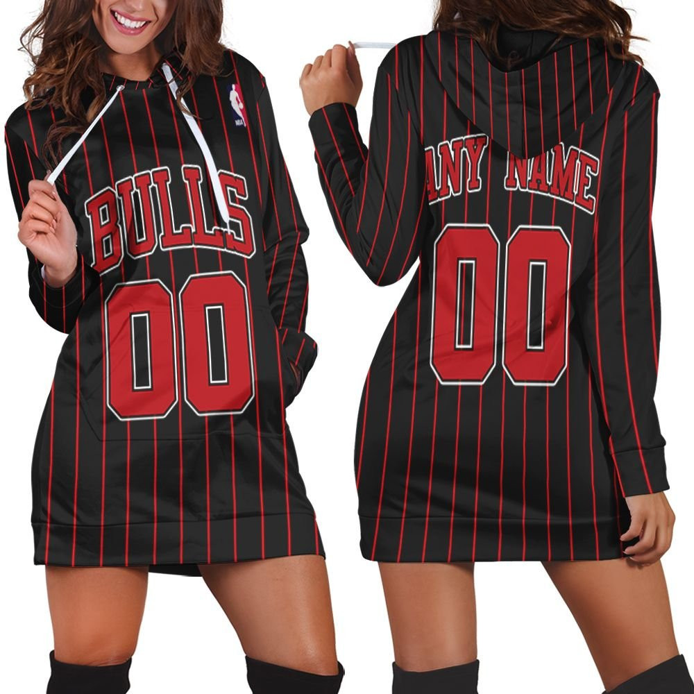 Personalized Chicago Bulls Any Name 00 90s Throwback Red Striped Black Jersey Inspired Hoodie Dress Sweater Dress Sweatshirt Dress